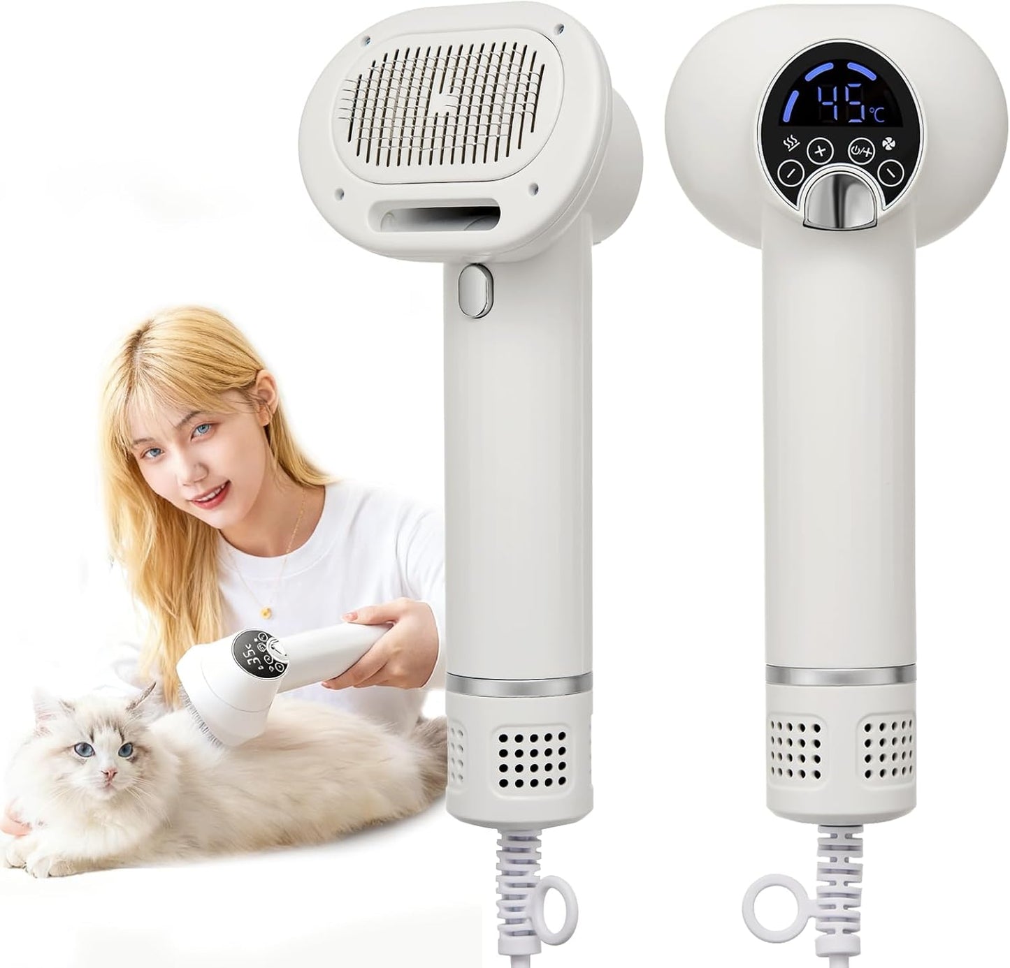 3-in-1 Dog Hair Dryer Brush - Adjustable Temp (35°C-60°C) & 4 Speeds, One-Touch Hair Collection for Safe Grooming