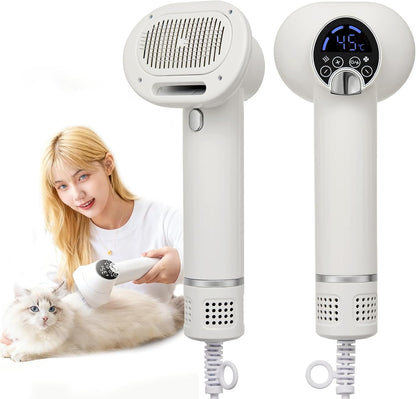 3-in-1 Dog Hair Dryer Brush - Adjustable Temp (35°C-60°C) & 4 Speeds, One-Touch Hair Collection for Safe Grooming