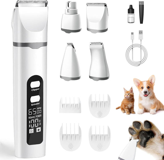 Dog Clippers for Grooming, 4 in 1 Dogs Paw Trimmer Pet Grooming Kit, Low Noise Dog Shavers with Nail Grinder Quiet