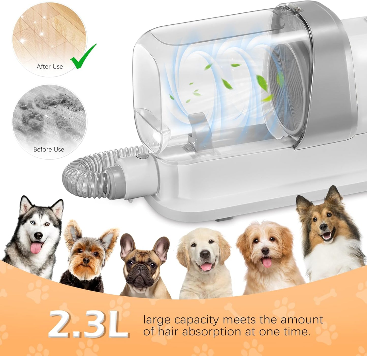 Dog Grooming Vacuum, Pet Grooming Vacuum Kit 2.3L Suction 99% Pet Hair with 5 Tools